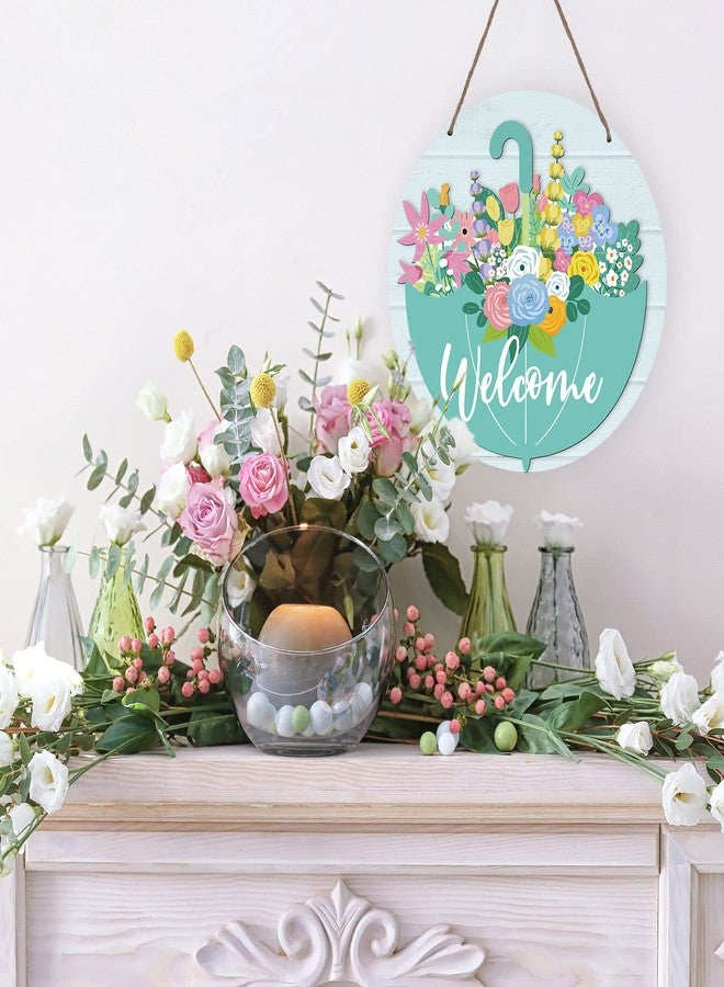 وولاين لافتة ترحيبية ثلاثية الأبعاد من الخشب بتصميم مظلة، مناسبة لفصلي الربيع والصيف، مزينة بالزهور، تُعلق على الأبواب، مثالية لتزيين المنازل الريفية، والعطلات، والمكاتب، ونوافذ المحلات، وحفلات الزفاف. - Image 3