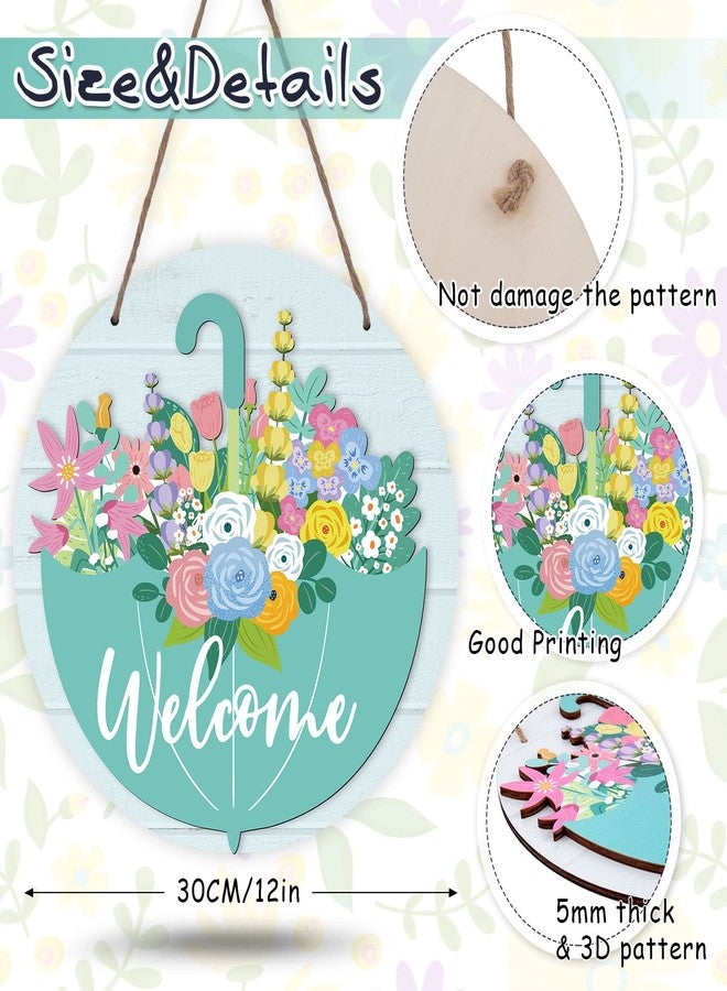وولاين لافتة ترحيبية ثلاثية الأبعاد من الخشب بتصميم مظلة، مناسبة لفصلي الربيع والصيف، مزينة بالزهور، تُعلق على الأبواب، مثالية لتزيين المنازل الريفية، والعطلات، والمكاتب، ونوافذ المحلات، وحفلات الزفاف. - Image 2