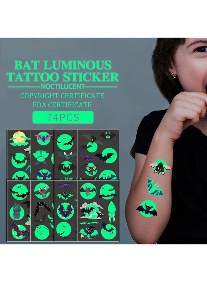 Felico Temporary Tattoos for Kids, 73PCS Luminous Halloween Bat Theme Glow in the Dark Fake Tattoos, Body Stickers Decorations, Halloween Cosplay Face Makeup Holiday Party Favors Gifts for Adults Teens Bat  - Image 4
