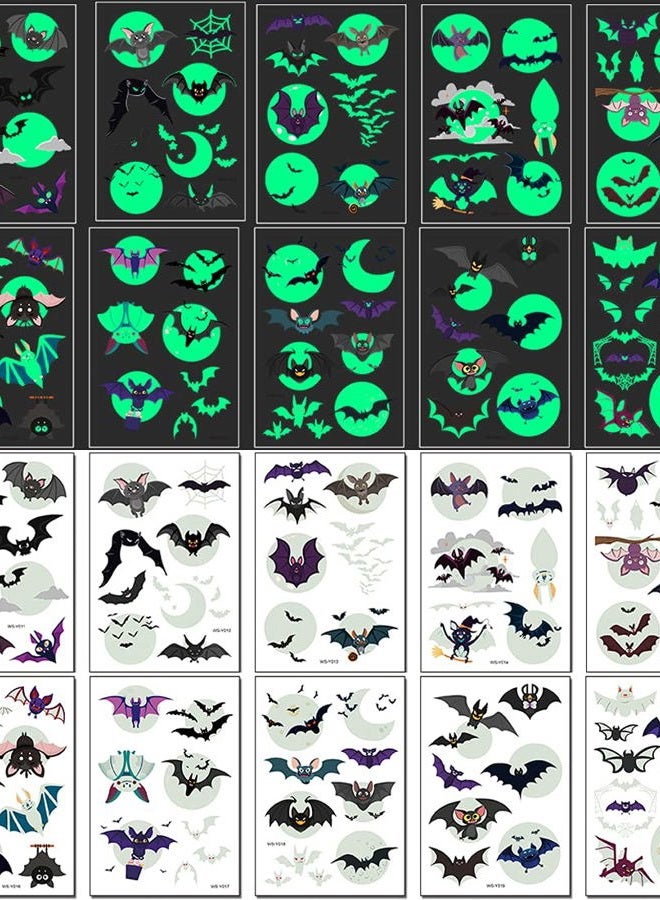 Felico Temporary Tattoos for Kids, 73PCS Luminous Halloween Bat Theme Glow in the Dark Fake Tattoos, Body Stickers Decorations, Halloween Cosplay Face Makeup Holiday Party Favors Gifts for Adults Teens Bat  - Image 1