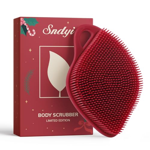 Sndyi Silicone Body Scrubber, Gentle Exfoliating Body Scrubber for Sensitive Skin, Leaf Shaped Shower Scrubber for Body with Lathering Bristles, Silicone Loofah Body Brush for Showering, Red - Image 1