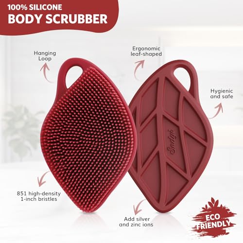 Sndyi Silicone Body Scrubber, Gentle Exfoliating Body Scrubber for Sensitive Skin, Leaf Shaped Shower Scrubber for Body with Lathering Bristles, Silicone Loofah Body Brush for Showering, Red - Image 2
