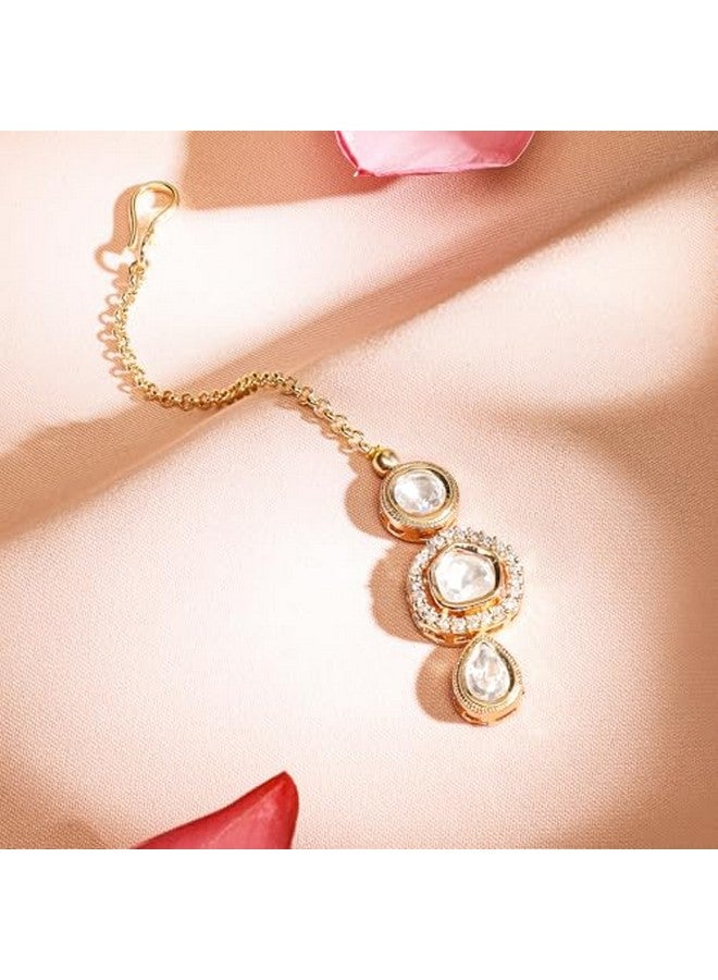 Rubans 22K Gold Plated White Kundan & Cubic Zirconia Studded Delicate Maangtikka Elegant Traditional Jewellery for Women & Girls - Image 3