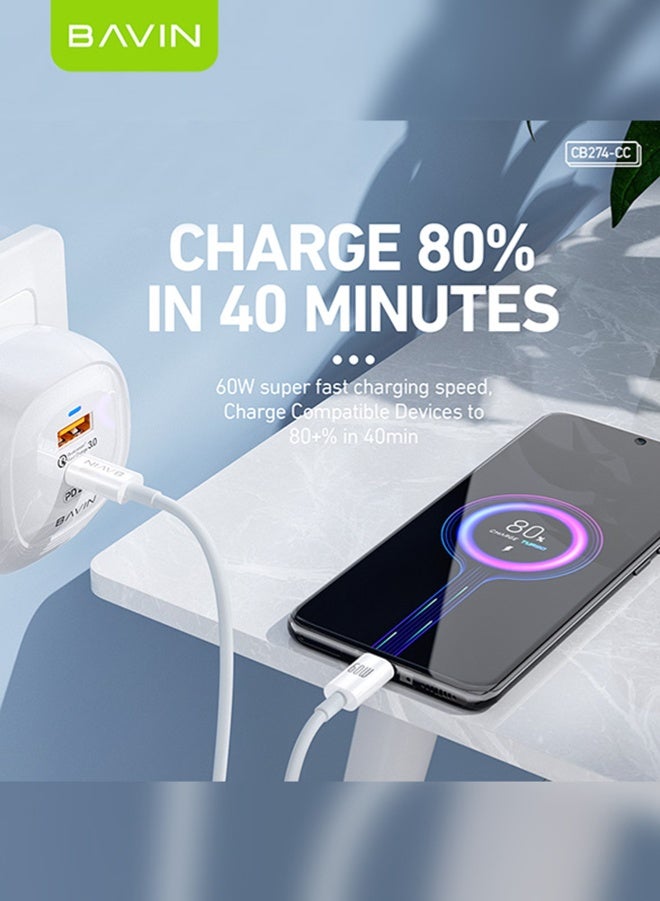 BAVIN USB C Cable 60W, TYPE-C to USB-C Cable 1M, USB C Charger Cable for iPhone 15, Mac Book Pro 2020, iPad Pro 2020, Switch, Samsung Galaxy S20 Plus S9 S8 Plus, Pixel, Huawei P60, Xiaomi, Laptops and lot more - Image 2