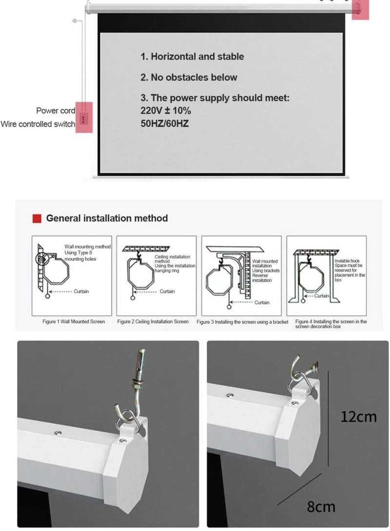 FlashHawk 100 Inch 16:9 Wall Mount Electric Projector Screen Motorized Projection Curtain with Remote Control For Business/School/Office/Meeting - Image 4