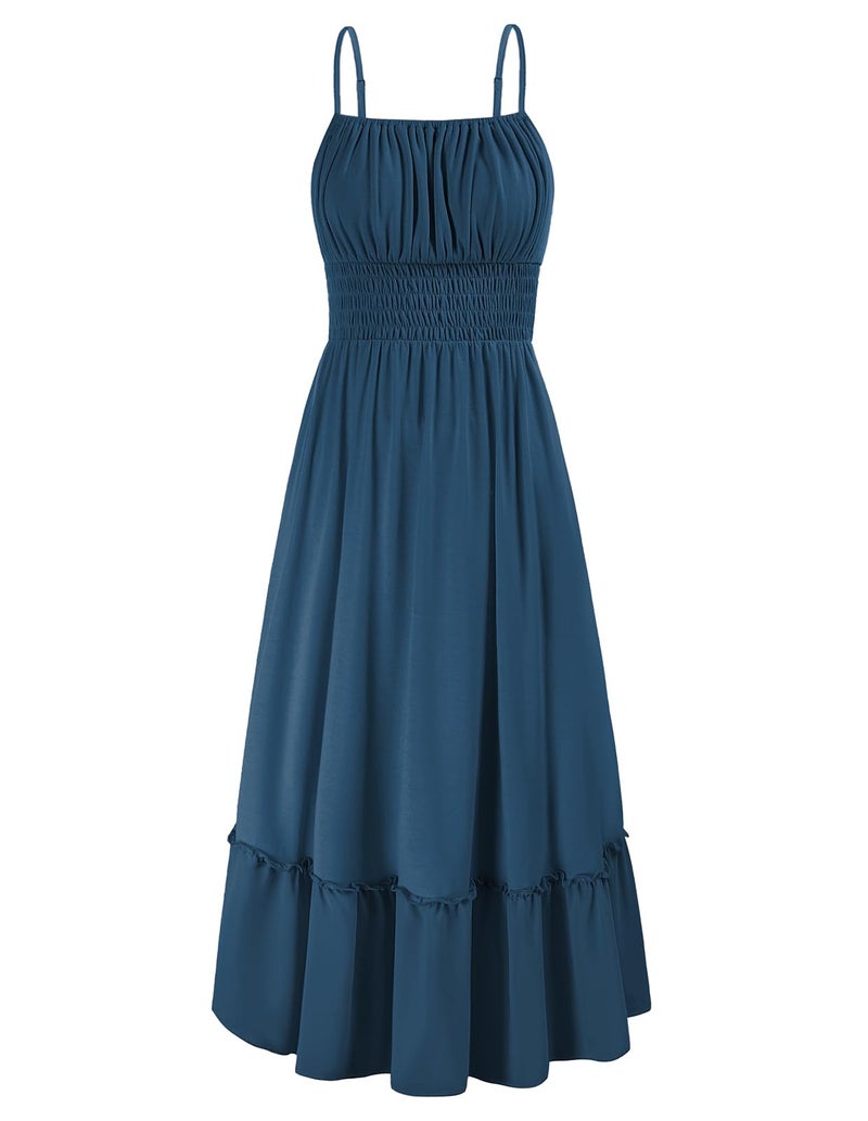 GRACE KARIN Womens Dress Summer Casual Smocked Maxi Dress Sleeveless Ruffle Hem Sundress Long Cami Dresses with Pockets Blue L - Image 1