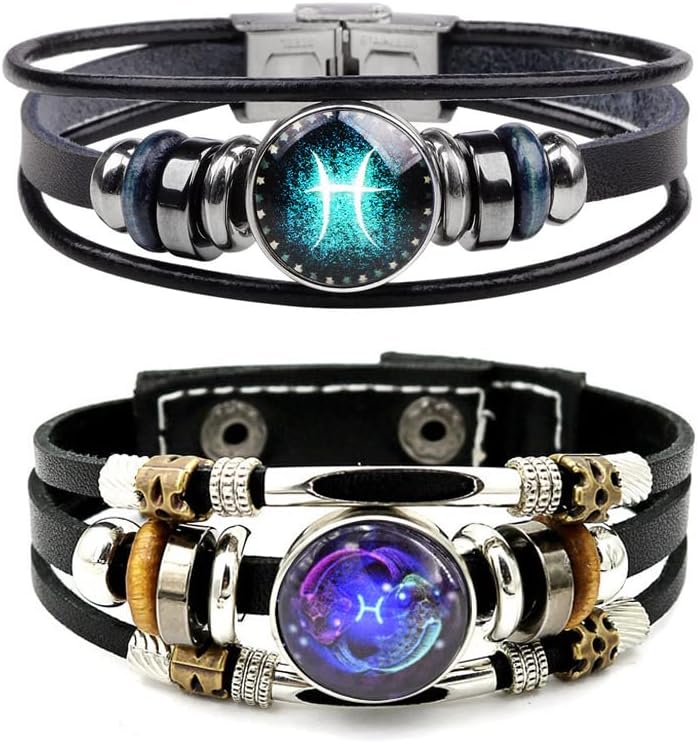 WLL 2Pcs Multilayer Constellation Zodiac Leather Bracelet for Women Men Handmade Woven Zodiac Sign Wrap Wristband Bracelet Couple BFF Birthday Jewelry - Image 1