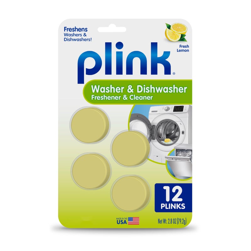 Plink Washing Machine and Dishwasher Cleaner and Freshener, Prevents Residue and Removes Odors in Kitchen and Laundry Room Appliances, Septic-Friendly, Made in the USA, Lemon Scent, 12 Tablets - Image 1