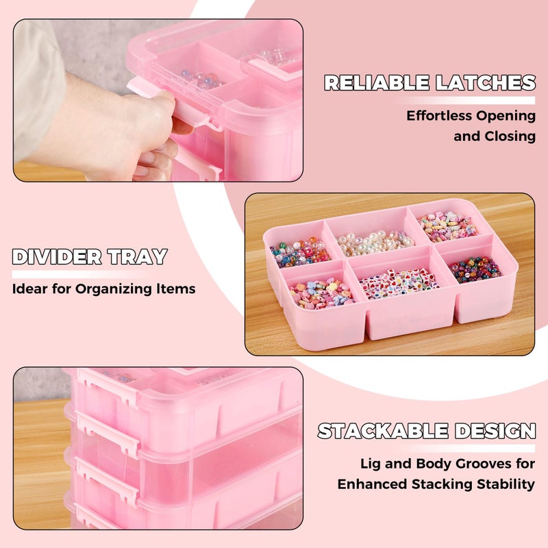 CraftGenes Art Supply Storage Organizer with 2 Removable Trays, 4-Layer 10QT Durable Craft Organizers and Storage for Sewing, Tool, Office Supplies, Art, Craft Supplies(Pink) - Image 4
