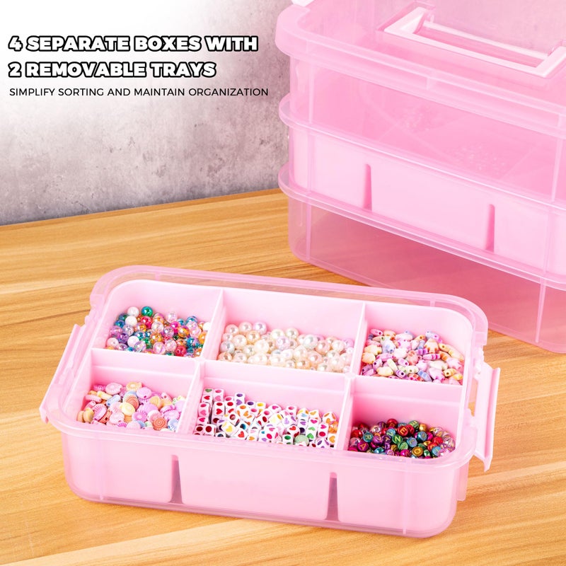 CraftGenes Art Supply Storage Organizer with 2 Removable Trays, 4-Layer 10QT Durable Craft Organizers and Storage for Sewing, Tool, Office Supplies, Art, Craft Supplies(Pink) - Image 2