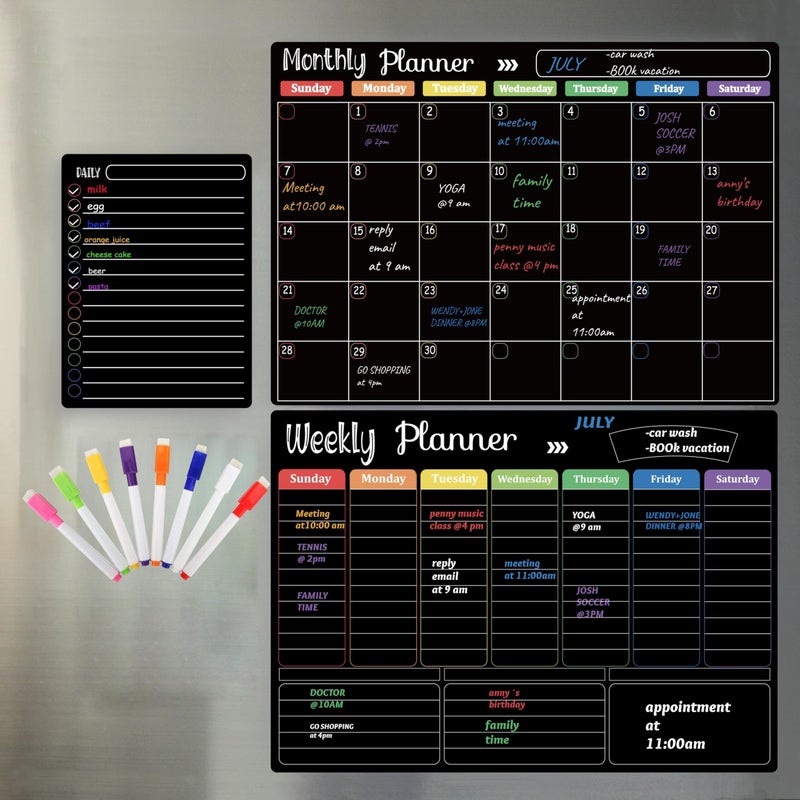 Hivillexun Magnetic Black Dry Erase Calendar White Board Set (3-Pack) - Monthly, Weekly Planners & Daily Notepad for Fridge, Home & Office, Includes 8 Markers - Image 1