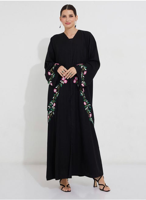 Open abaya crafted from premium black crepe fabric with Tulip Embroidery