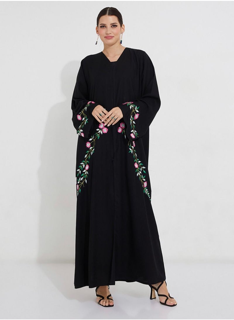 Rosette Abaya - Open abaya crafted from premium black crepe fabric with Tulip Embroidery - Image 1