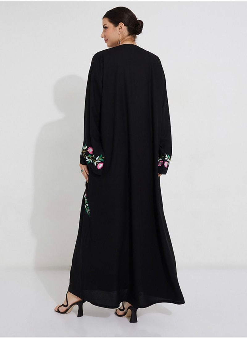 Rosette Abaya - Open abaya crafted from premium black crepe fabric with Tulip Embroidery - Image 1