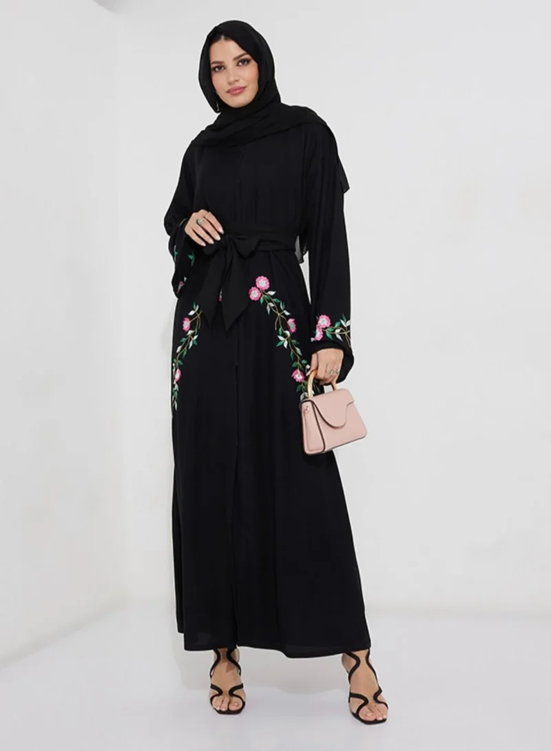 Rosette Abaya Open abaya crafted from premium black crepe fabric with Tulip Embroidery