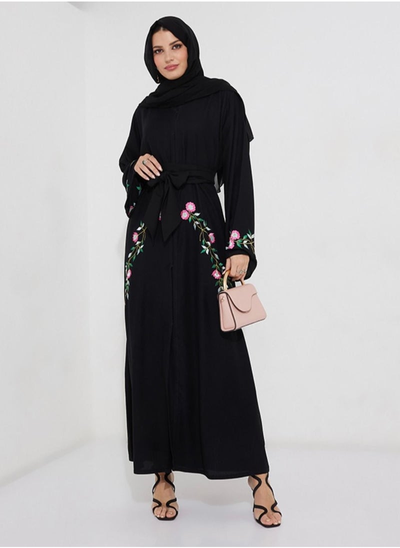 Rosette Abaya - Open abaya crafted from premium black crepe fabric with Tulip Embroidery - Image 1