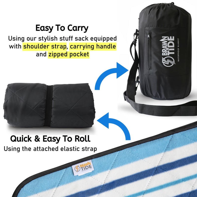 BRAWNTIDE Large Outdoor Waterproof Blanket - Thick Fleece, Warm, Windproof, Sandproof, Ideal for Camping, Picnics, Stadiums, Parks, Beaches, Includes Stuff Sack, Shoulder Strap (Azure Blue) - Image 4