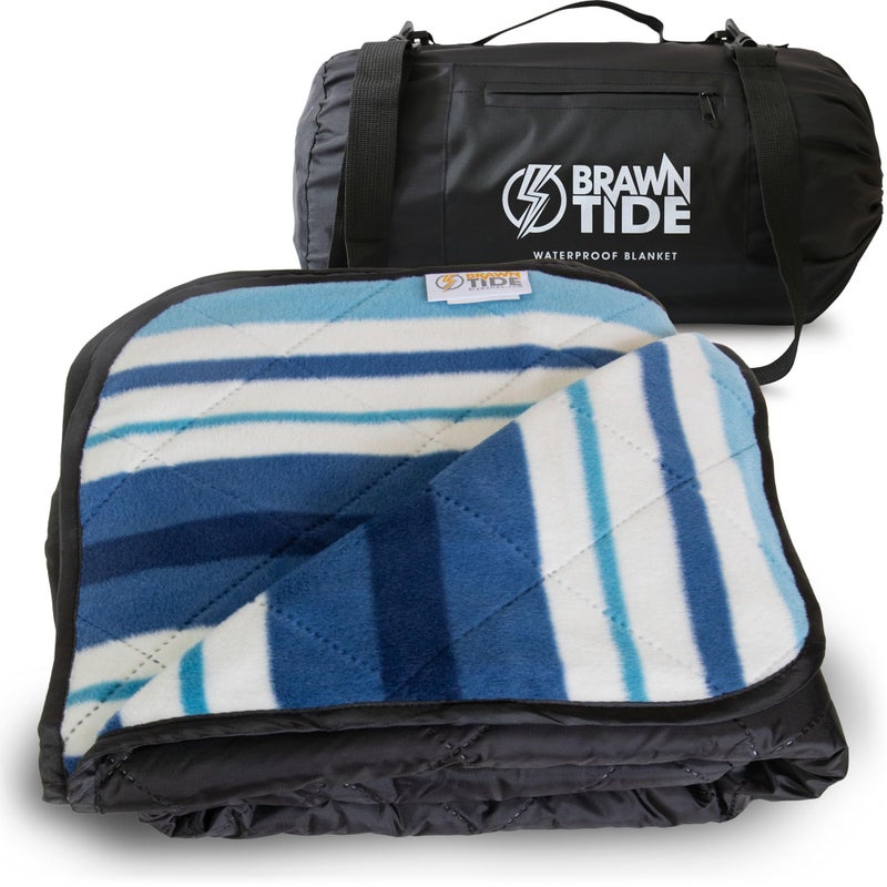 BRAWNTIDE Large Outdoor Waterproof Blanket - Thick Fleece, Warm, Windproof, Sandproof, Ideal for Camping, Picnics, Stadiums, Parks, Beaches, Includes Stuff Sack, Shoulder Strap (Azure Blue) - Image 1