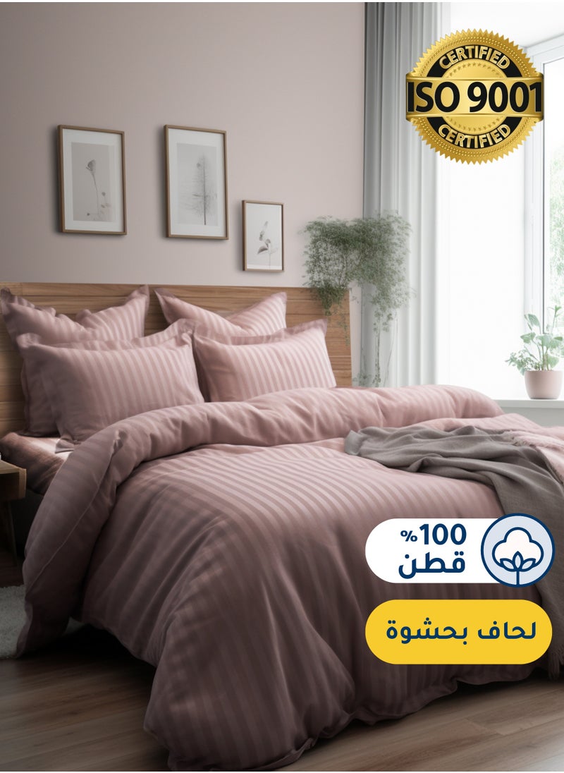 Master Home Textile Cotton Hotel Comforter Sets, Fits 160 cm x 200 cm Size Bed, Duvet Filling Included, 5 Pcs Queen Size, Hotel Stripe Pattern  - Image 1