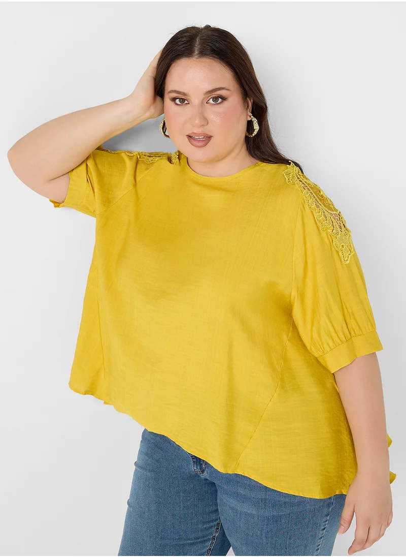 جينجر بلس Lace Embroiedered Sleeves Assymetric Top