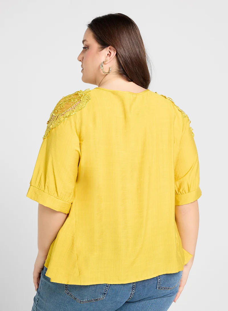 Ginger Plus Lace Embroiedered Sleeves Assymetric Top