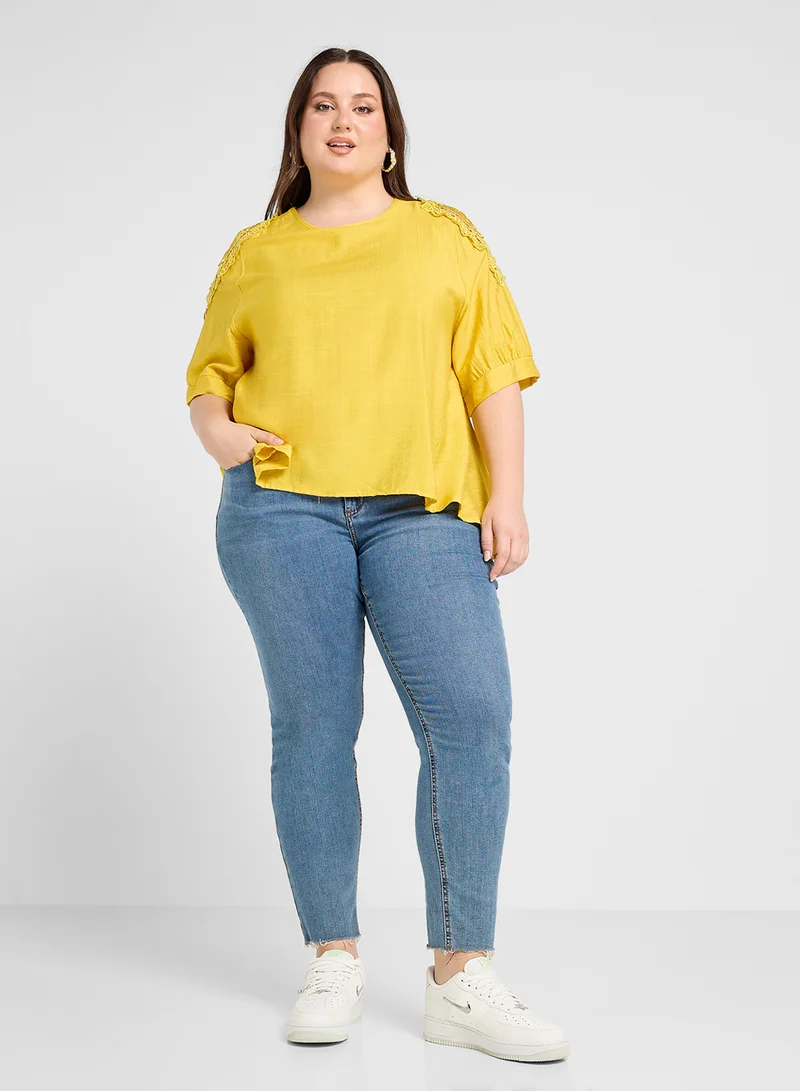 Ginger Plus Lace Embroiedered Sleeves Assymetric Top