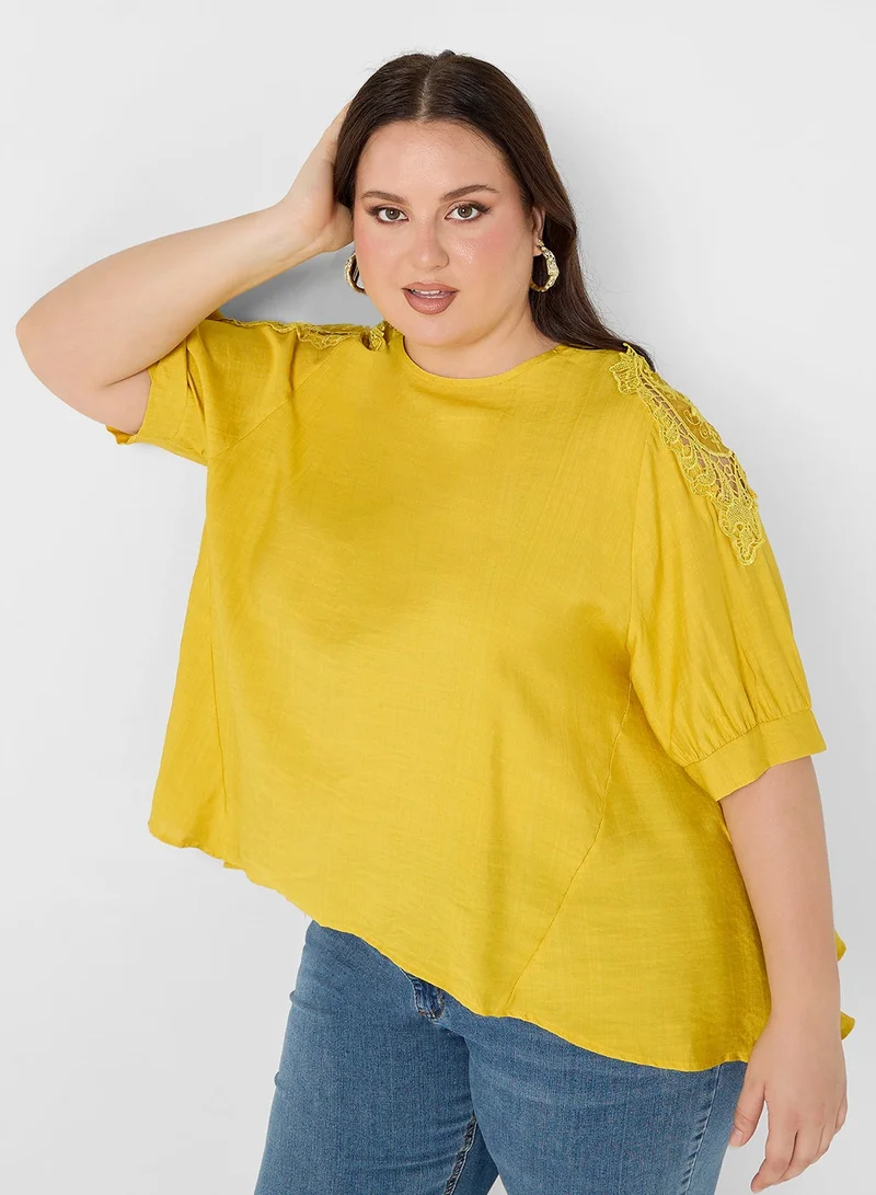 Ginger Plus Lace Embroiedered Sleeves Assymetric Top