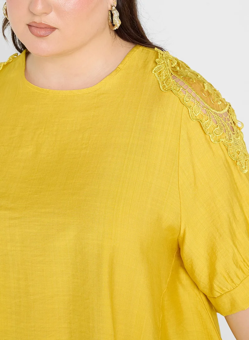 Ginger Plus Lace Embroiedered Sleeves Assymetric Top