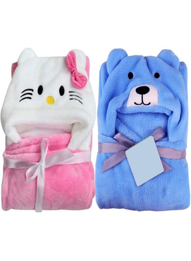 Brandonn Combo Of Fleece Pink Kitty Blue Dog New Born Baby Hooded Funny Cap Blanketpack Of 2 (Lightweight) - Image 1