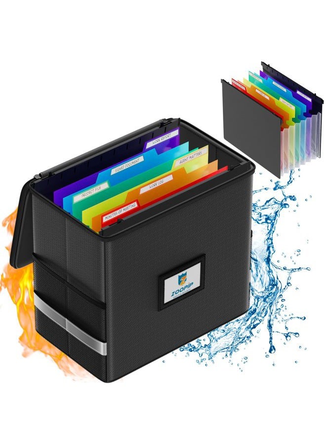 ZOOPIP Fireproof File Box with Hanging File Folders, 7x1.2" Accordion Pockets, Hanging File Organizer for Letter Size, Retractable Hook, 1/3-Cut Tab (Folders+Box-12.6''*7.8''*9.8'') - Image 1