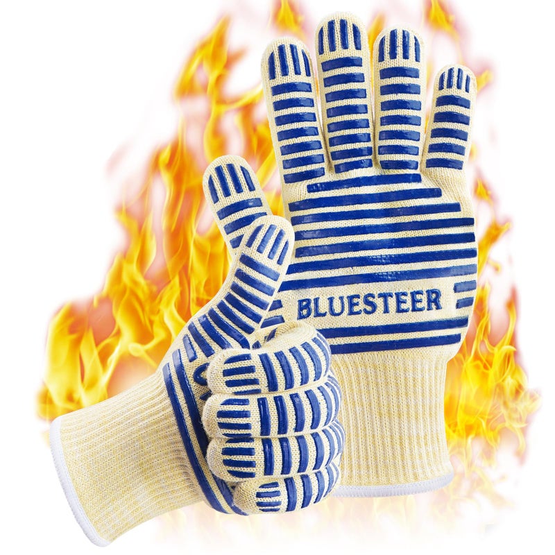 BLUESTEER Oven Gloves Heat Resistant 540 Degrees Grilling Gloves Hot Surface Handler NonSlip Silicone Oven Mitts with Fingers BBQ Gloves for CookingKitchenBaking Pack of 2
