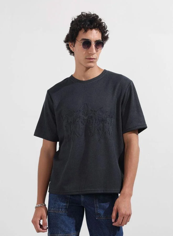 The Indian Garage Co Men Boxy Fit Textured Crew Neck Half Sleeves T-Shirt