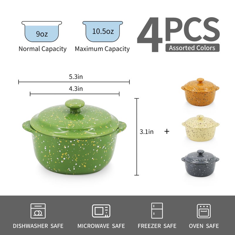 Krokori Ceramic Mini Cocotte Set of 4 for Oven,10 Oz Small Casserole Dishes with Handles and Lid,Individual Serving Pot for Souffle,Soup,Cobbler,Stoneware Baking Ramekins,Assorted Colors - Image 2