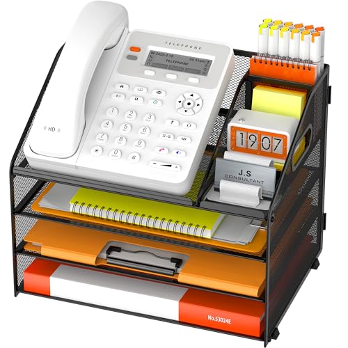 DocNest 4 Tier Metal Mesh Letter Tray Space Saving Desk File Organizer with Handle Pen Holder Folder Holder Desktop Document Sorter for Office Home School Classroom Black - Image 1