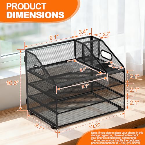 DocNest 4 Tier Metal Mesh Letter Tray Space Saving Desk File Organizer with Handle Pen Holder Folder Holder Desktop Document Sorter for Office Home School Classroom Black - Image 3