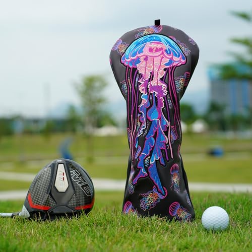 LZFAN Golf Club Head Covers Driver Fairway Wood Hybrid Golf Club Headcover Leather Protector Heavy Embroidered Colorful Jellyfish (Driver) - Image 4