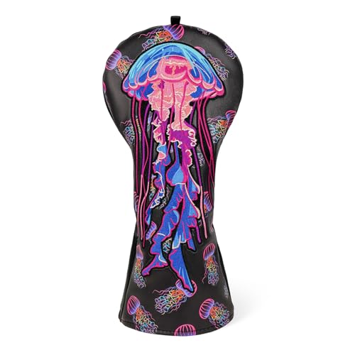 LZFAN Golf Club Head Covers Driver Fairway Wood Hybrid Golf Club Headcover Leather Protector Heavy Embroidered Colorful Jellyfish (Driver) - Image 1