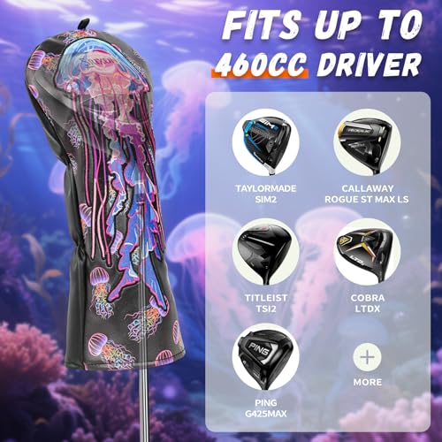 LZFAN Golf Club Head Covers Driver Fairway Wood Hybrid Golf Club Headcover Leather Protector Heavy Embroidered Colorful Jellyfish (Driver) - Image 2