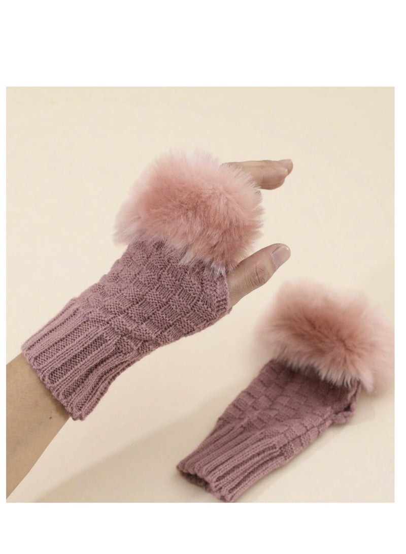 Winter Wool  Fur Gloves Ladies Pair Pink - Image 1