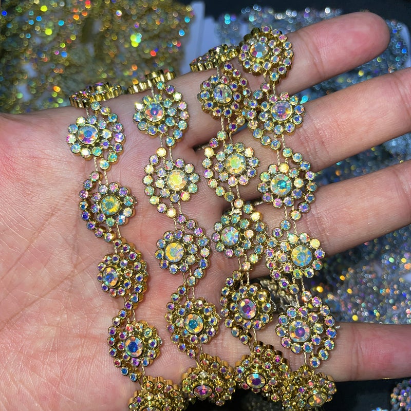 Golden Rhinestone Trim 2 Yards Lace For Wedding Dress Craft Shoe Hat Decoration - Image 2
