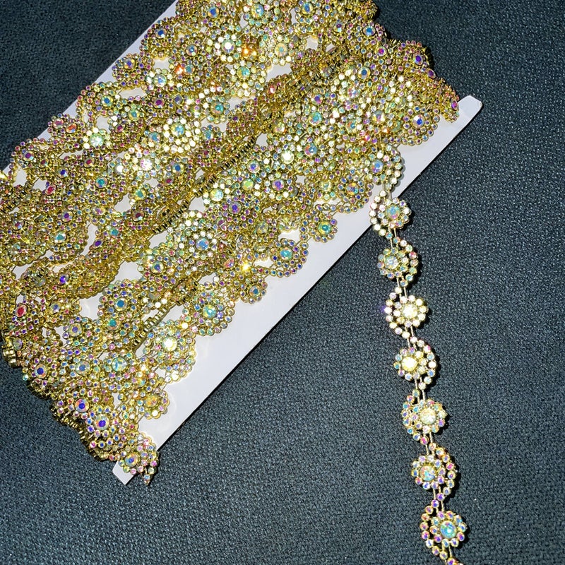 Golden Rhinestone Trim 2 Yards Lace For Wedding Dress Craft Shoe Hat Decoration - Image 4