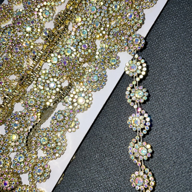 Golden Rhinestone Trim 2 Yards Lace For Wedding Dress Craft Shoe Hat Decoration - Image 1