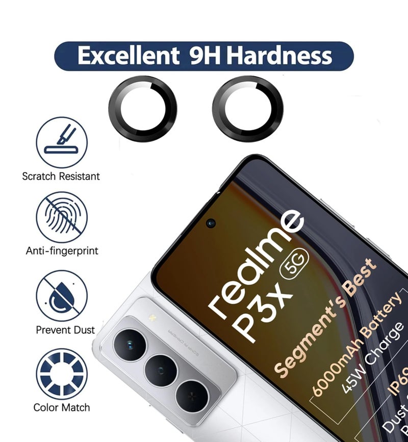FabeKee Camera Lens Frame Glass Compatible with Tempered Glass Aluminum Alloy Frame Individual Camera Lens Protector Cover (Black, Realme P3x) - Image 2