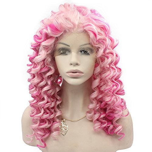 MX angel Mxangel Long Spirial Curl Heat Resistant Synthetic Lace Front Two Tone Curly Pink Wig - Image 1