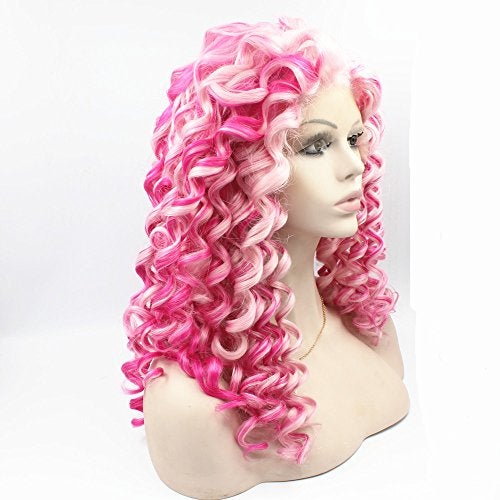 MX angel Mxangel Long Spirial Curl Heat Resistant Synthetic Lace Front Two Tone Curly Pink Wig - Image 3