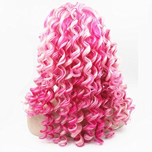 MX angel Mxangel Long Spirial Curl Heat Resistant Synthetic Lace Front Two Tone Curly Pink Wig - Image 4