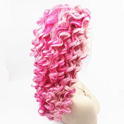 MX angel Mxangel Long Spirial Curl Heat Resistant Synthetic Lace Front Two Tone Curly Pink Wig - Image 2