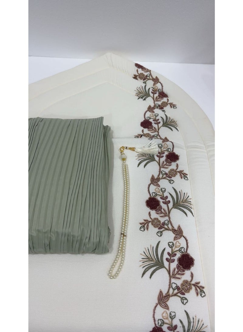 A luxurious and elegant women's prayer set in white and olive green, - Image 1