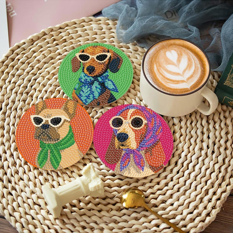 MBNTJHT 8 Pcs Dog Diamond Painting Coasters Kits with Holder,Dog Wearing Glasses Diamond Art Coasters with Wooden Pad,DIY Round Drill Rhinestone Painting Art Kit Craft for Adults Supplies Gift 4X4 Inch. - Image 3