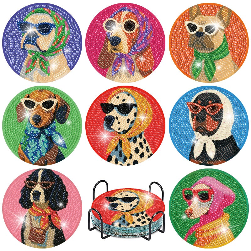 MBNTJHT 8 Pcs Dog Diamond Painting Coasters Kits with Holder,Dog Wearing Glasses Diamond Art Coasters with Wooden Pad,DIY Round Drill Rhinestone Painting Art Kit Craft for Adults Supplies Gift 4X4 Inch. - Image 1